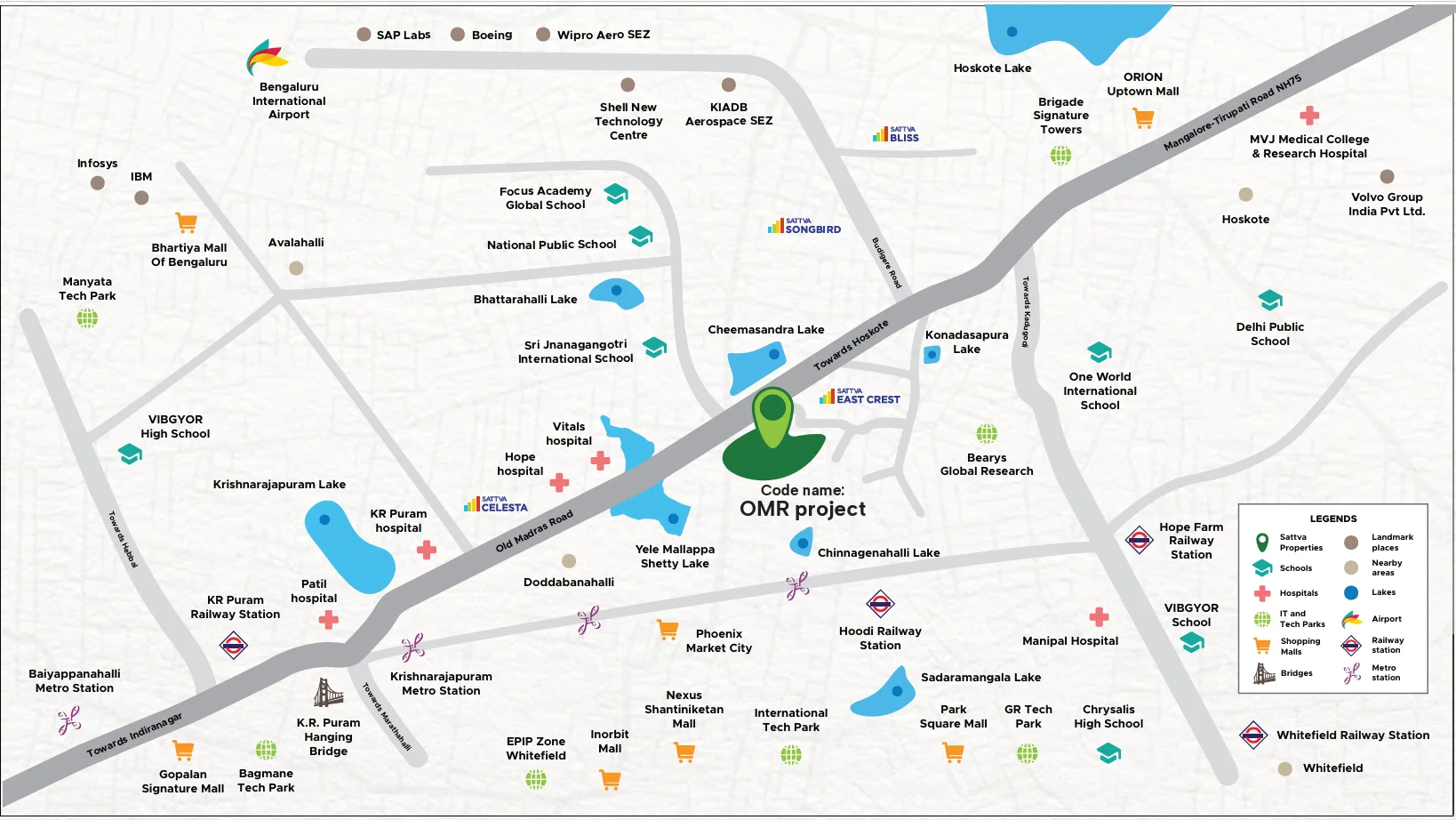 Sattva Aangane location map showing proximity to KR Puram, Whitefield and Old Madras Road landmarks