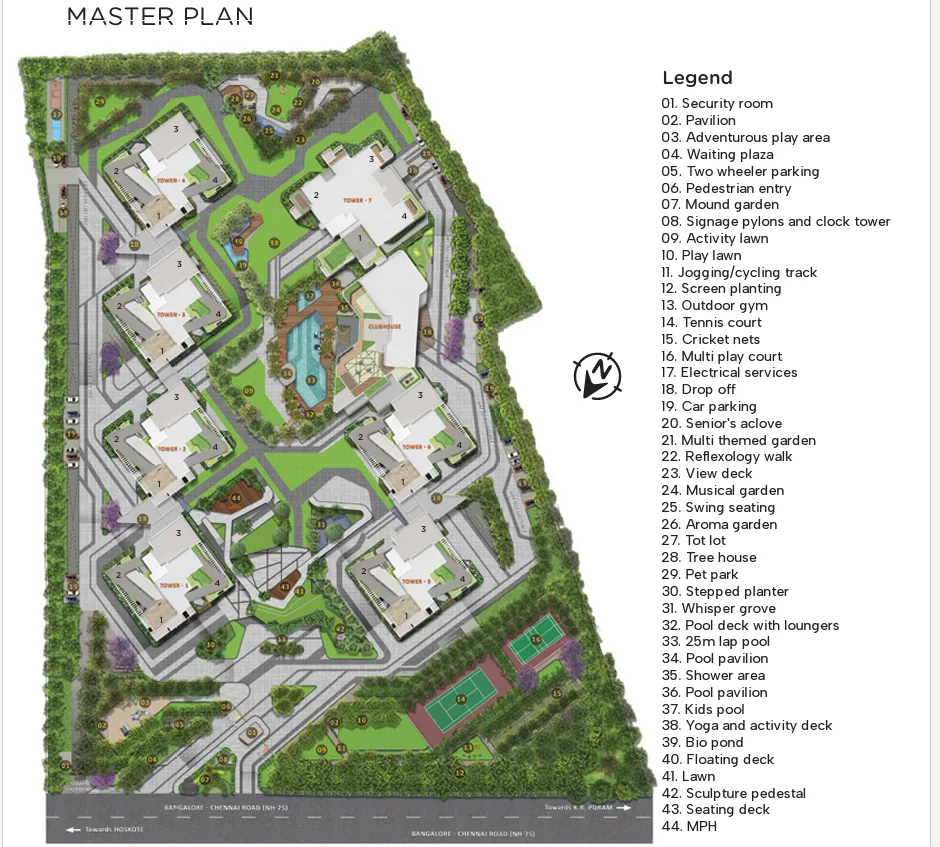 Sattva Aangane master plan showing 8 towers, clubhouse and central green, Old Madras Road