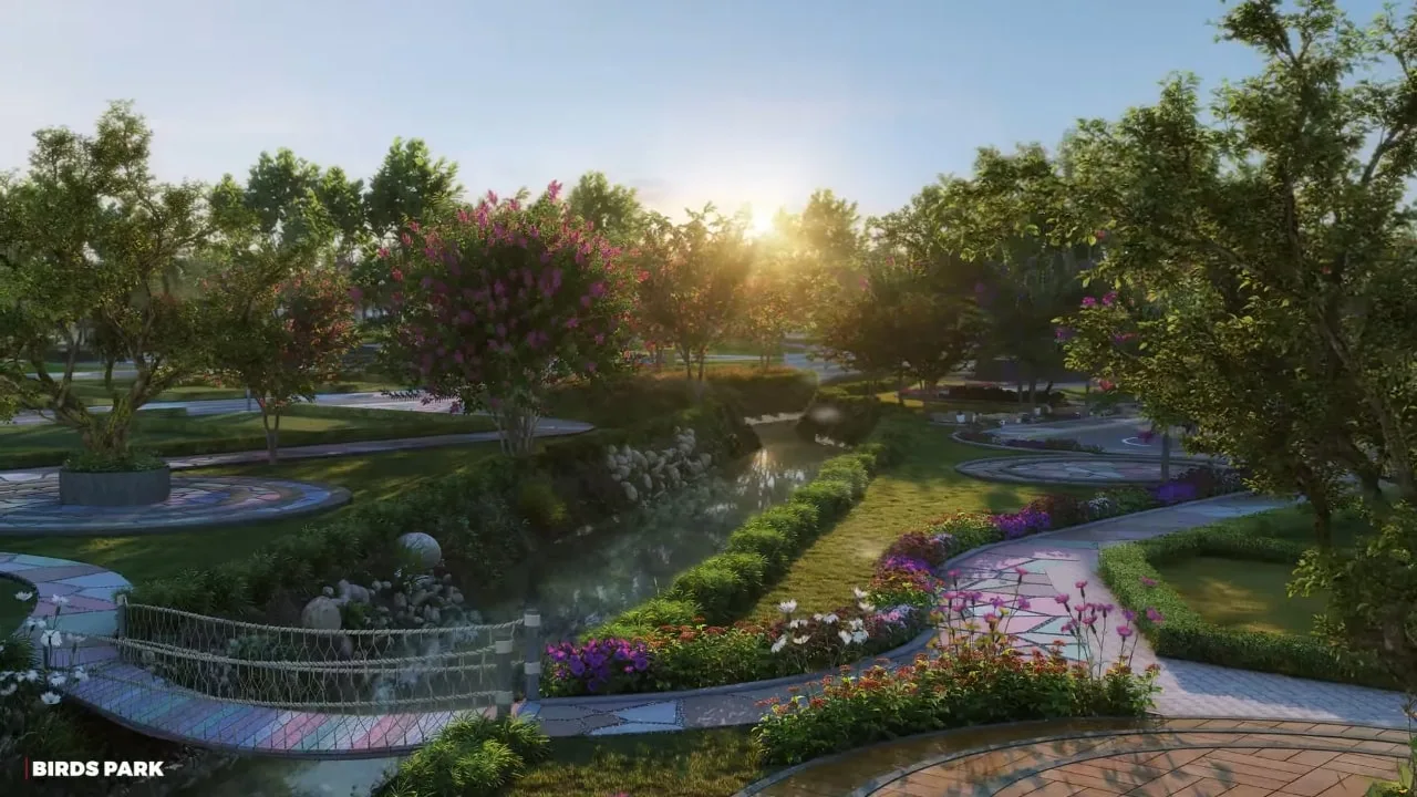 Sattva Green Groves Birds Park walking path at sunrise