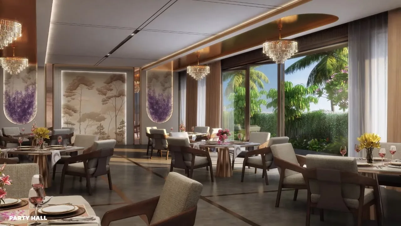 Sattva Green Groves party hall and dining interior