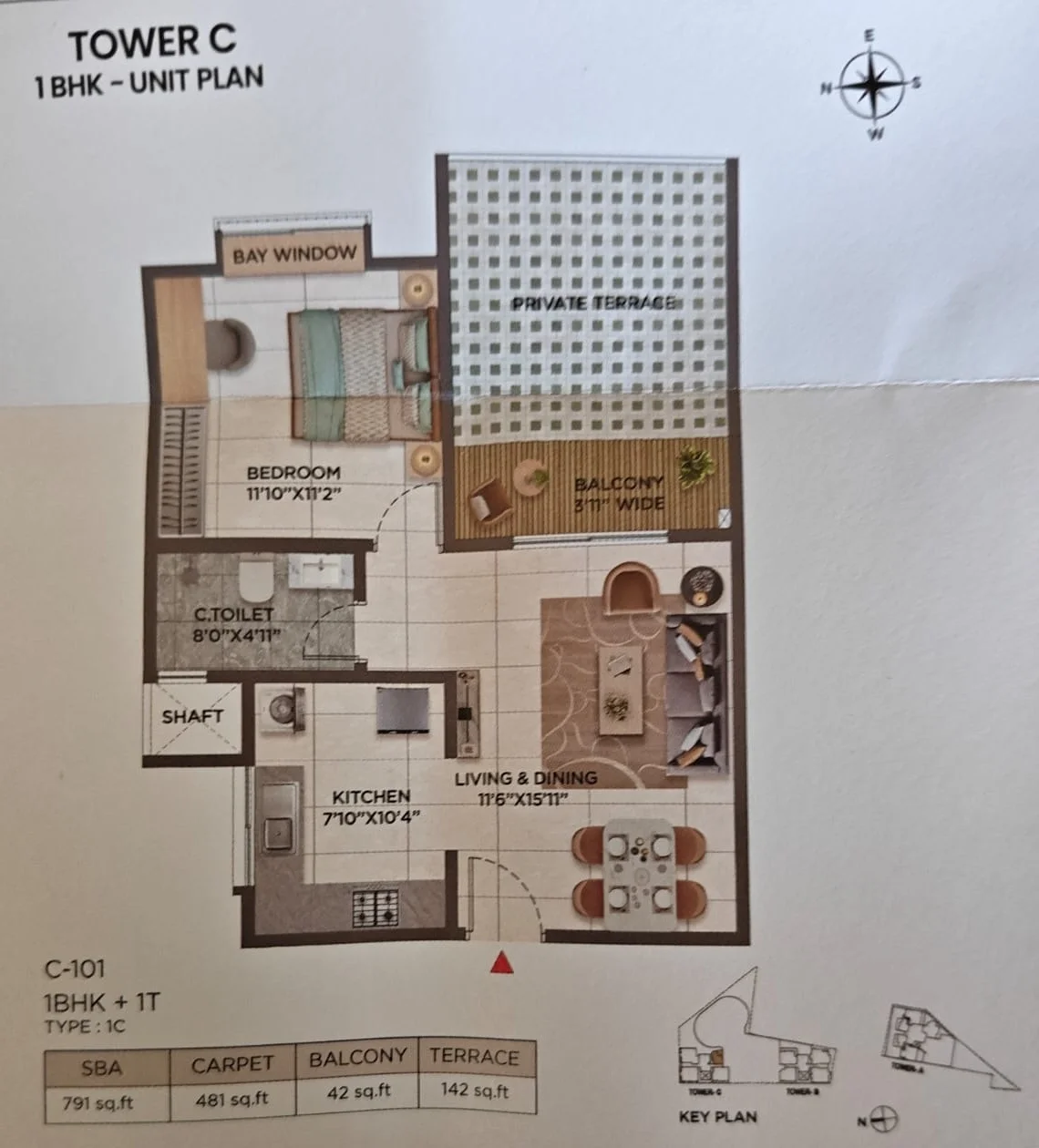 Sattva Jigani Tower C 1 BHK 791 sq ft floor plan with private terrace, unit C-101