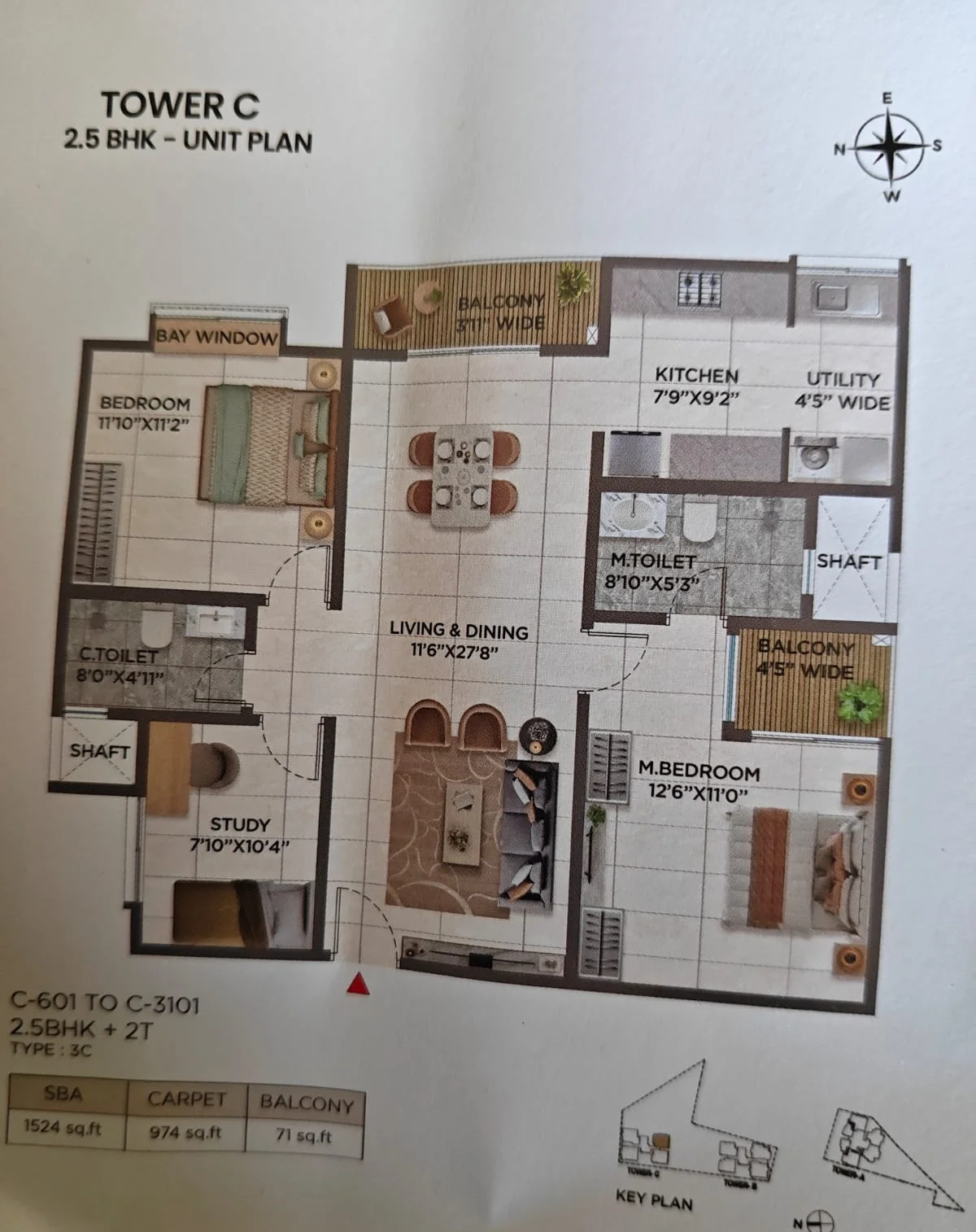 Sattva Jigani Tower C 2.5 BHK 1524 sq ft floor plan with study, Type 3C