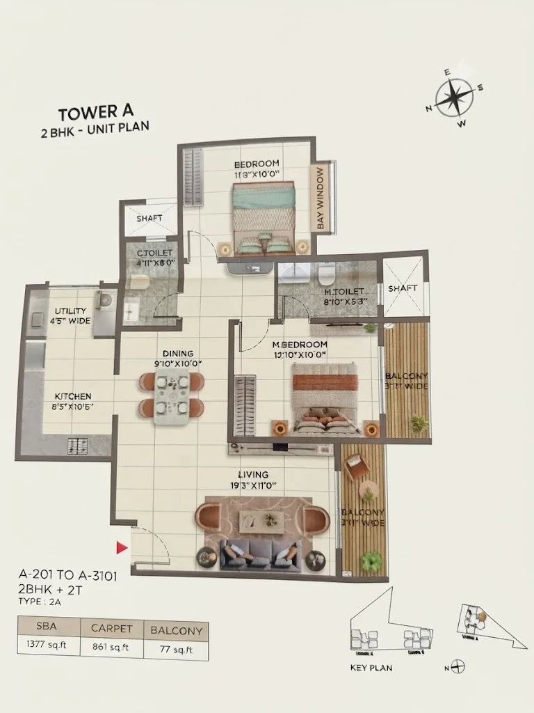 Sattva Jigani Tower A 2 BHK 1377 sq ft floor plan, Type 2A