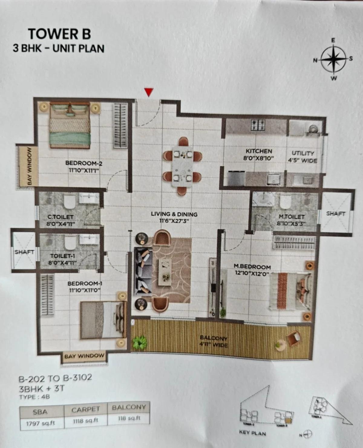Sattva Jigani Tower B 3 BHK 1797 sq ft floor plan, Type 4B