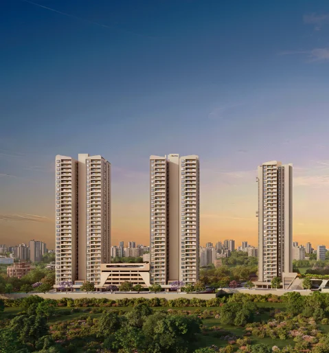 Sattva Jigani (Sattva Amritya) three 31-floor towers elevation at dusk, Jigani Main Road