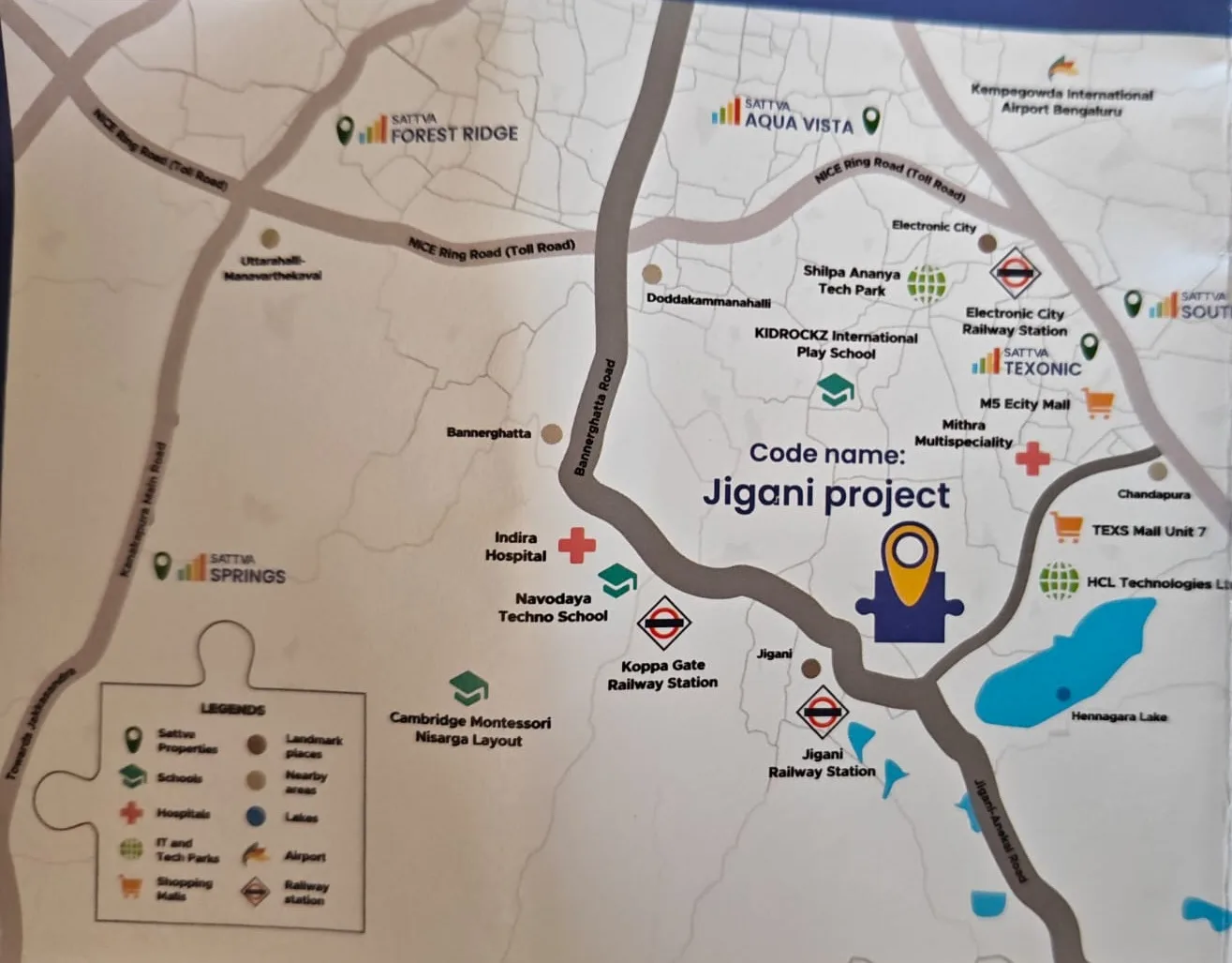 Sattva Jigani location map with Electronic City, HCL, Jigani railway station and Hennagara Lake
