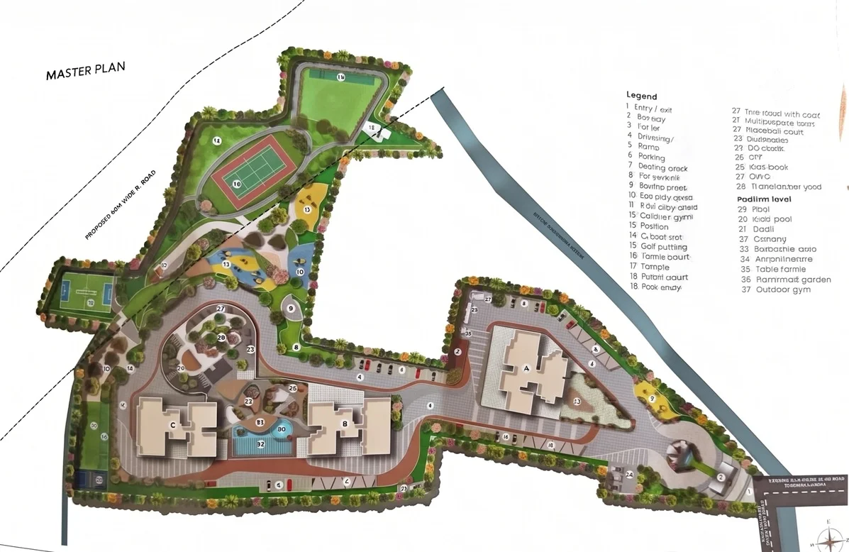 Sattva Jigani master plan showing Towers A, B and C, podium pool, tennis court and football field