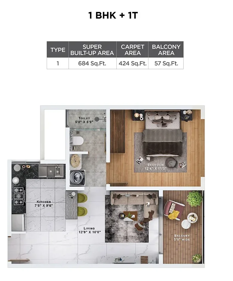 Sattva Lumina 1 BHK floor plan, 684 sq ft super built-up