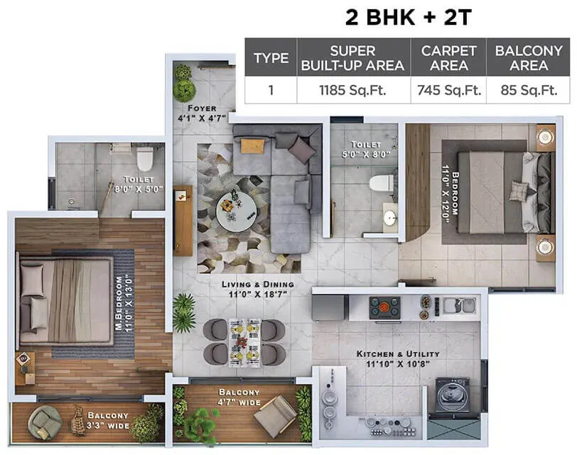 Sattva Lumina 2 BHK + 2T floor plan, 1,185 sq ft super built-up