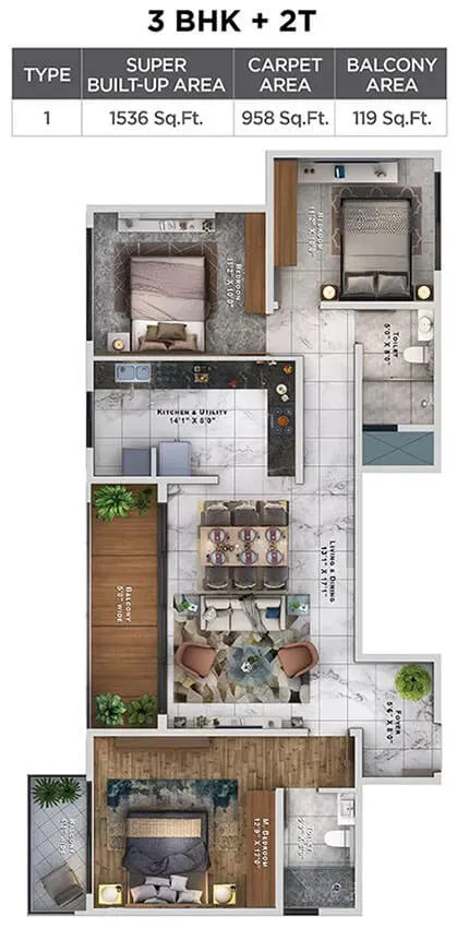 Sattva Lumina 3 BHK + 2T floor plan, 1,536 sq ft super built-up
