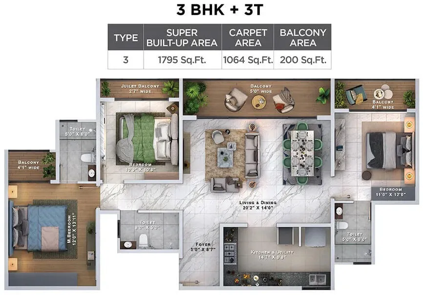 Sattva Lumina 3 BHK + 3T floor plan, 1,795 sq ft super built-up