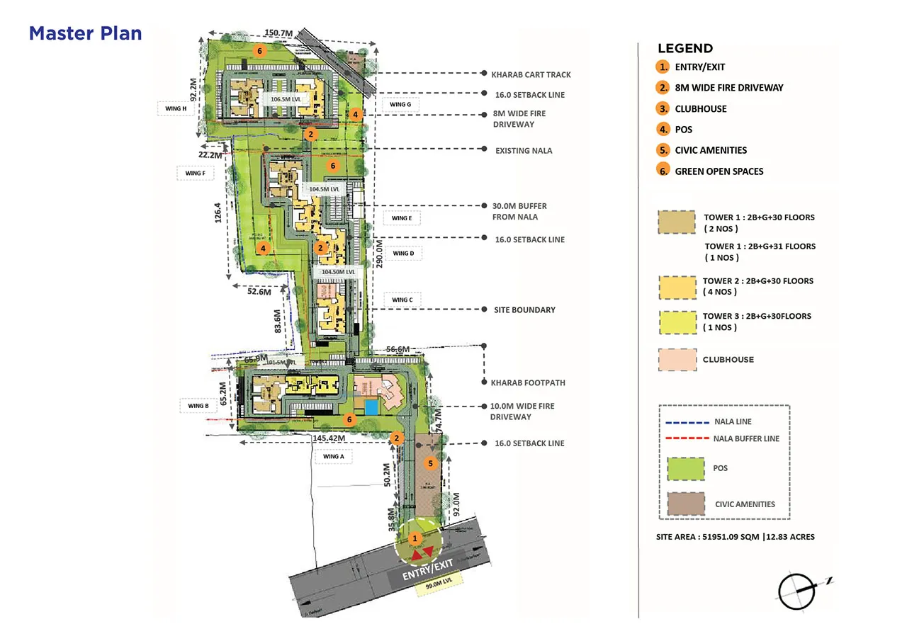 Sattva Lumina master plan showing wings A to H, clubhouse, fire driveways and green open spaces on a 12.83-acre site