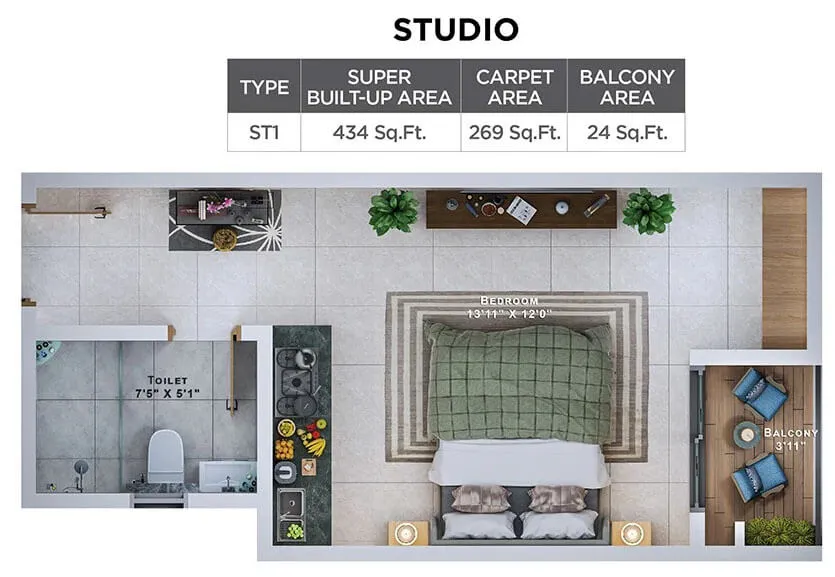 Sattva Lumina Studio floor plan, 434 sq ft super built-up