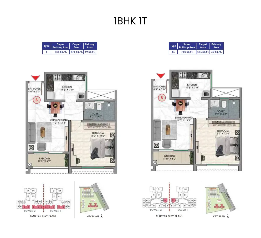 Sattva Songbird 1 BHK floor plan 753 to 756 sq ft layout
