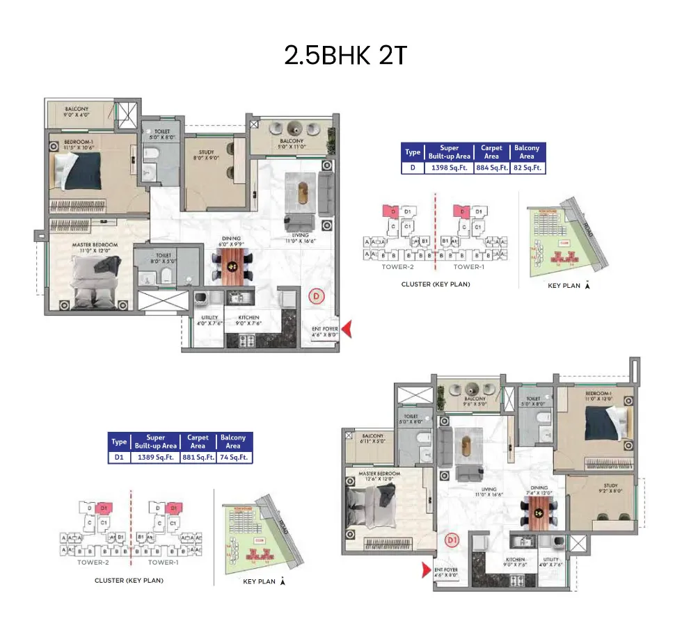 Sattva Songbird 2.5 BHK with study floor plan 1389 to 1398 sq ft layout