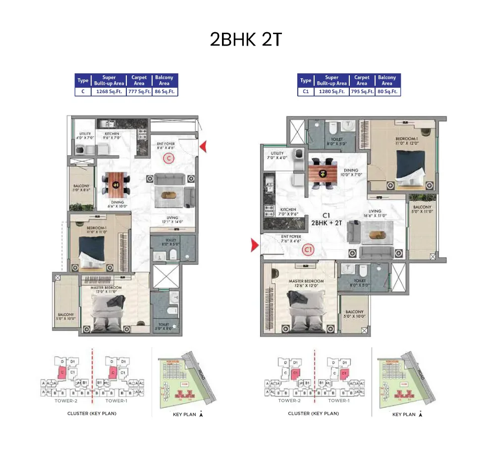 Sattva Songbird 2 BHK floor plan 1268 to 1280 sq ft layout
