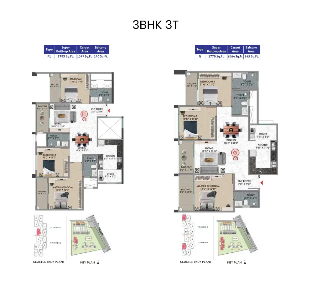 Sattva Songbird 3 BHK floor plan 1770 to 1793 sq ft layout