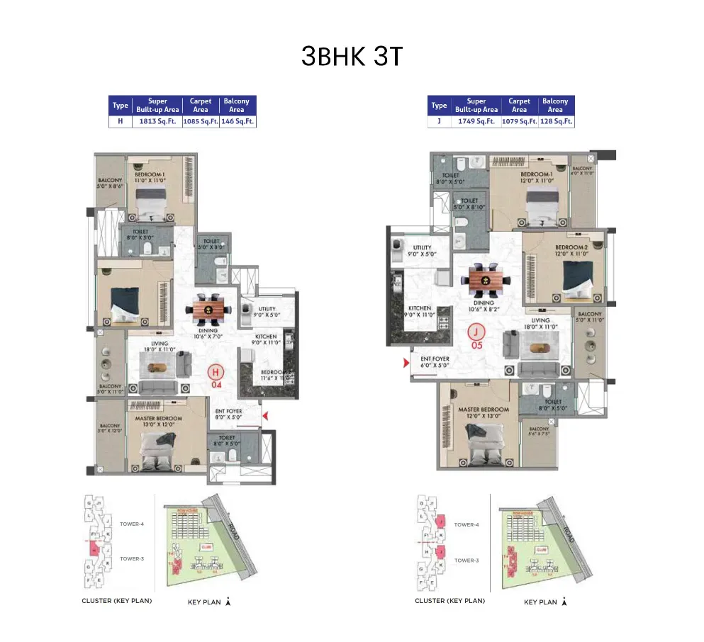 Sattva Songbird 3 BHK floor plan 1749 to 1813 sq ft layout