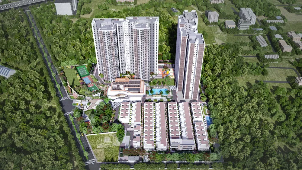 Sattva Songbird integrated township aerial view showing towers and rowhouses