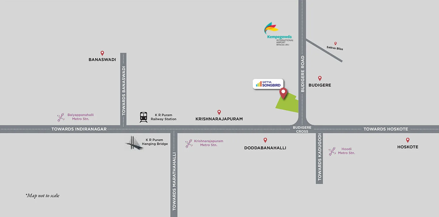 Sattva Songbird Budigere Cross location map showing KR Puram, Krishnarajapuram and Kempegowda Airport