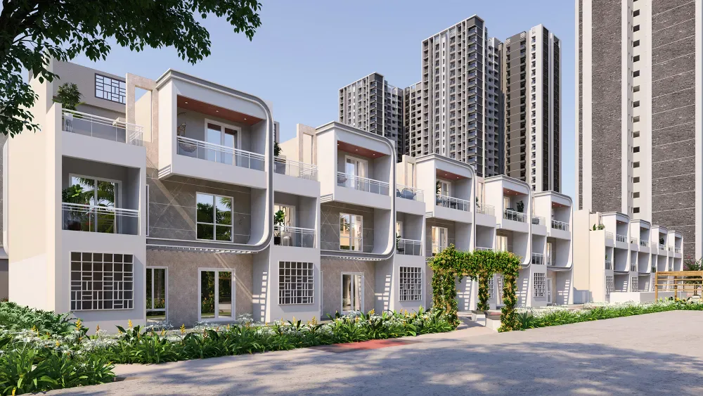 Sattva Songbird township independent rowhouses with towers in the background