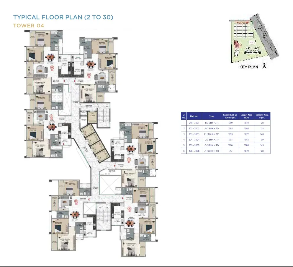 Sattva Songbird Tower 04 sample 3 BHK unit schedule with carpet and balcony area