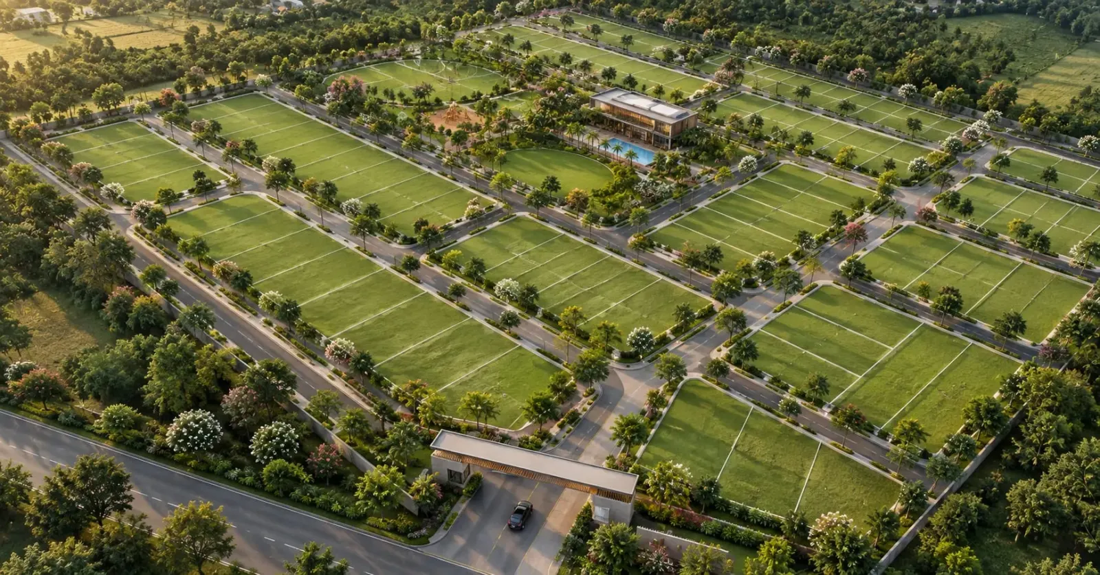 Sattva Thippapura aerial render of the gated plotted layout with entrance arch, clubhouse and swimming pool