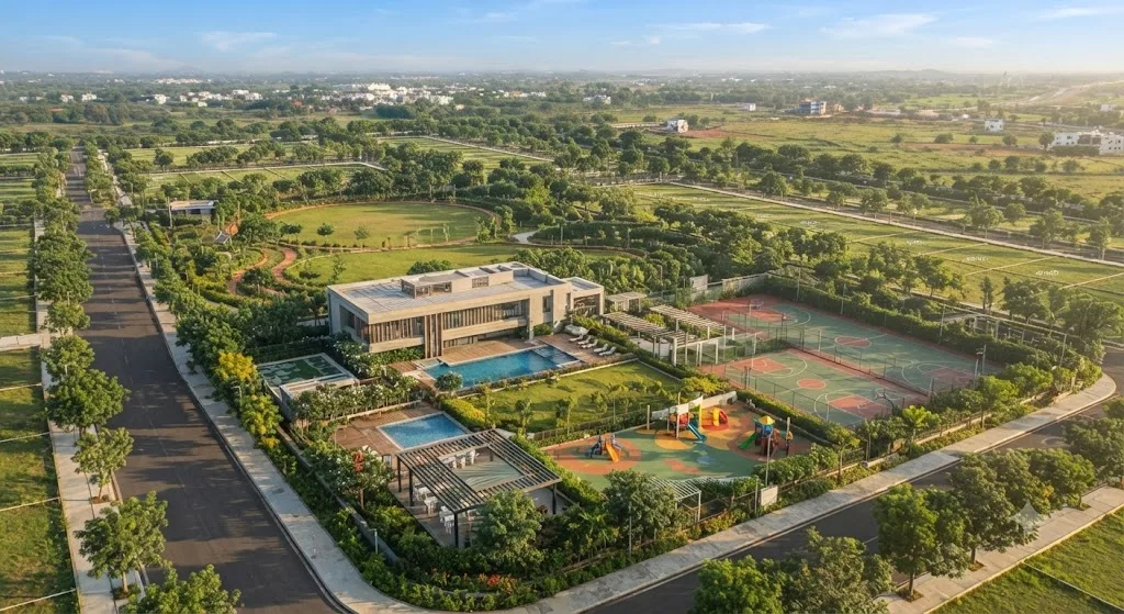 Sattva Thippapura clubhouse, pool and sports court aerial view