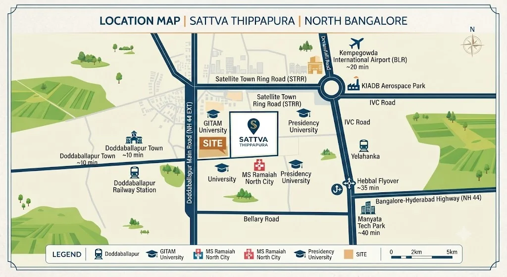 Sattva Ekatra location map showing Doddaballapur Main Road, Satellite Town Ring Road and nearby landmarks