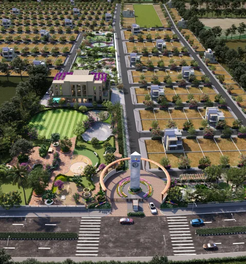 Sattva Thippapura aerial overview of the entrance arch, clubhouse and plotted rows