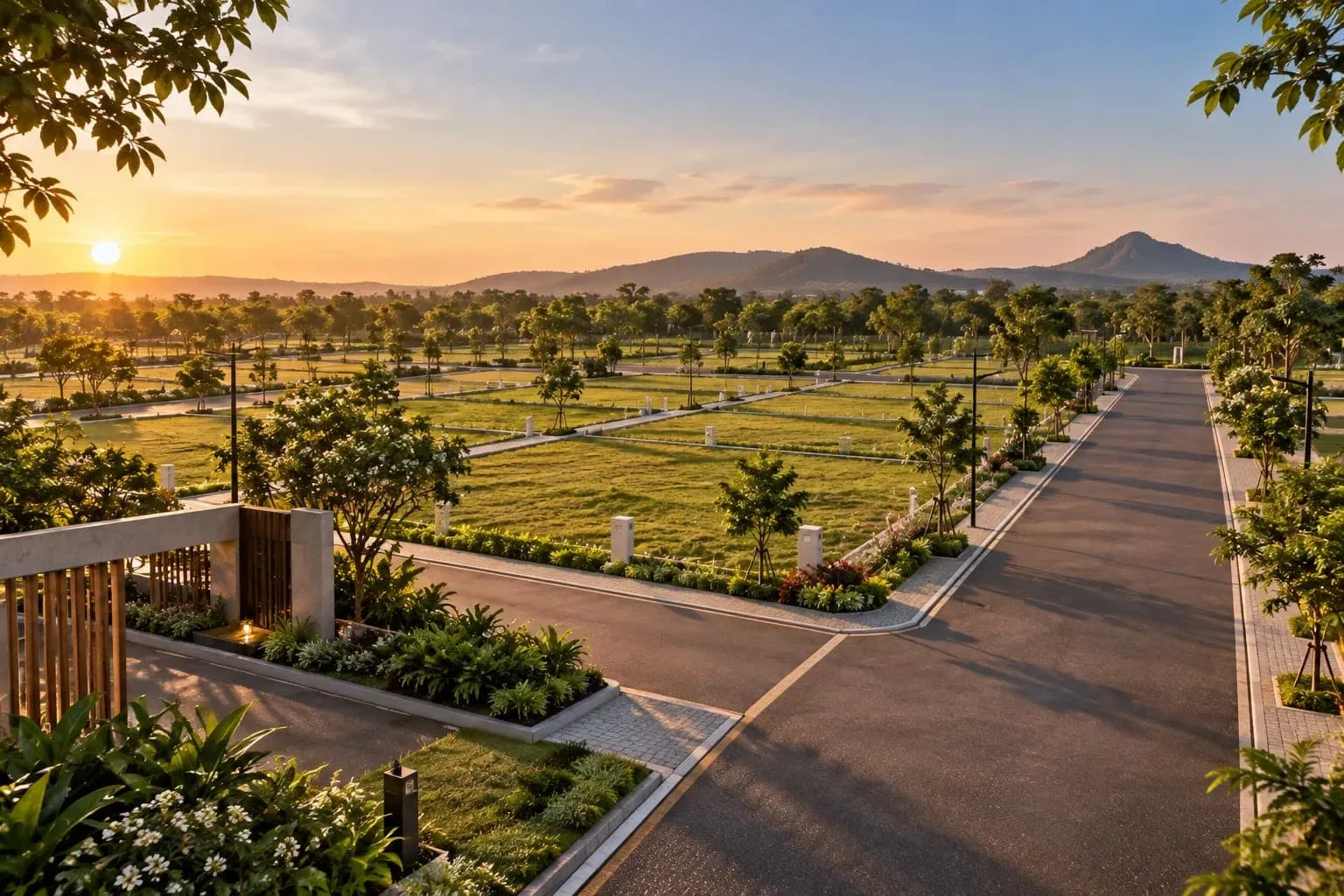 Sattva Thippapura render of landscaped internal roads and plotted avenues at sunset