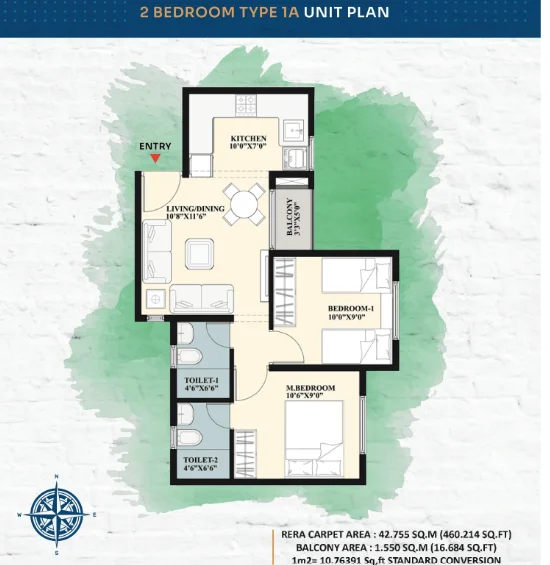 Shriram 107 SouthEast 2 BHK Type 1A unit plan floor layout