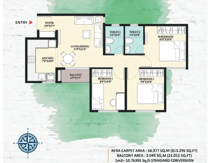 Shriram 107 SouthEast 3 BHK unit plan floor layout