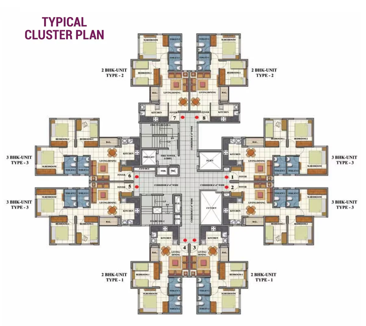 Shriram 107 SouthEast typical floor cluster plan showing unit arrangement around the core