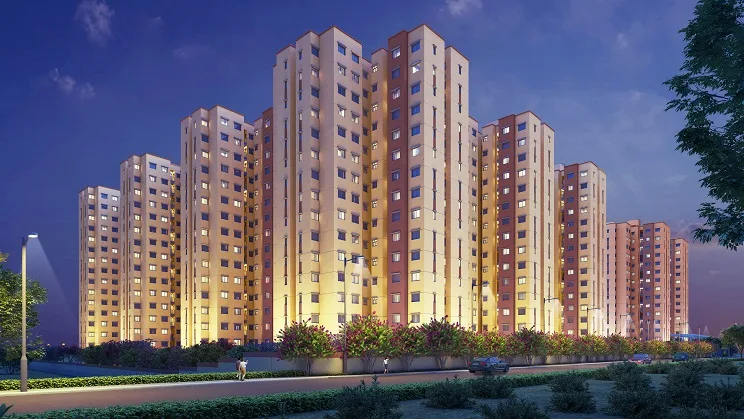 Shriram 107 SouthEast illuminated towers and amenity zone at night