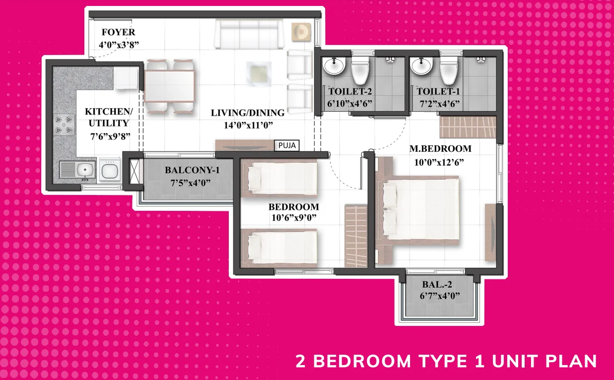 Shriram 122 West 2 BHK Type 1 unit plan floor layout