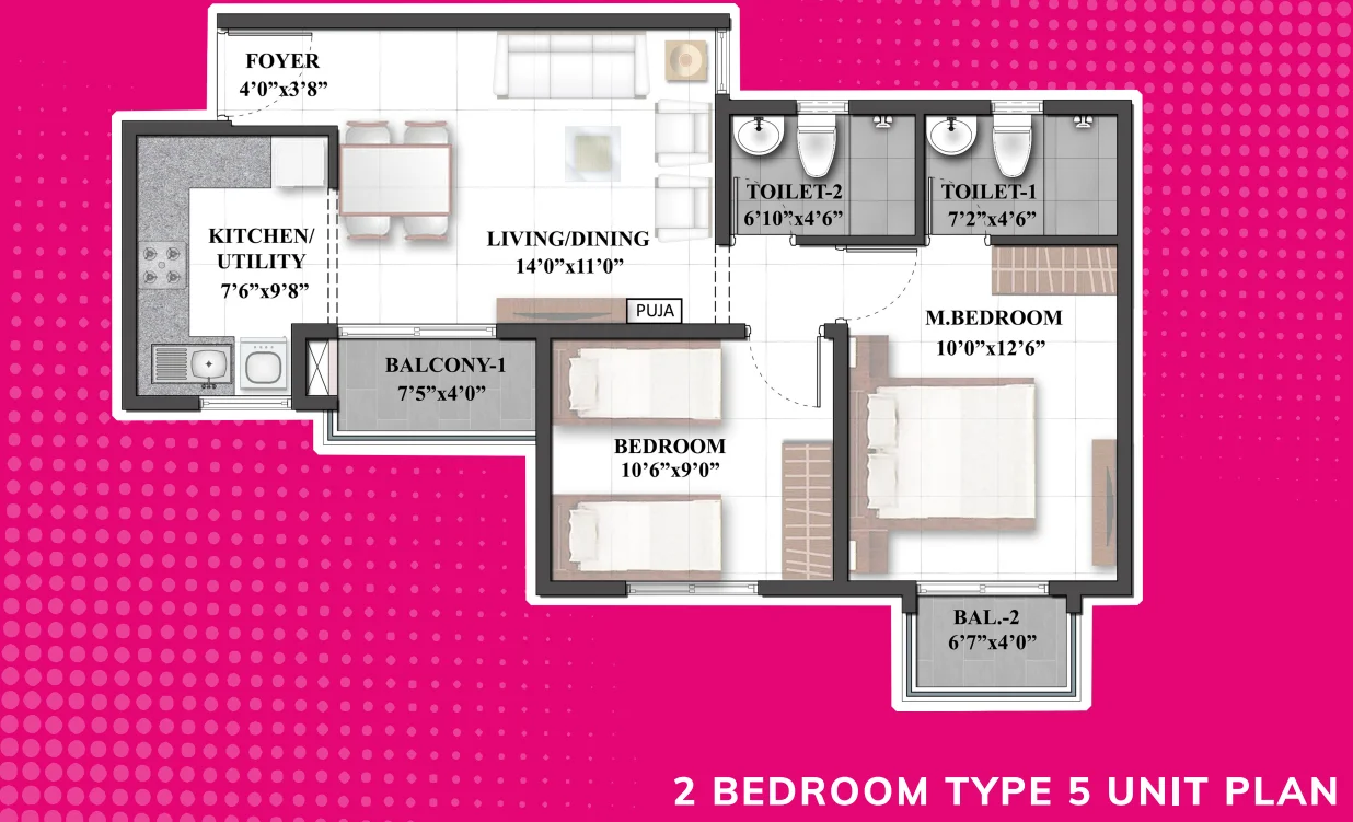 Shriram 122 West 2 BHK Type 5 unit plan floor layout