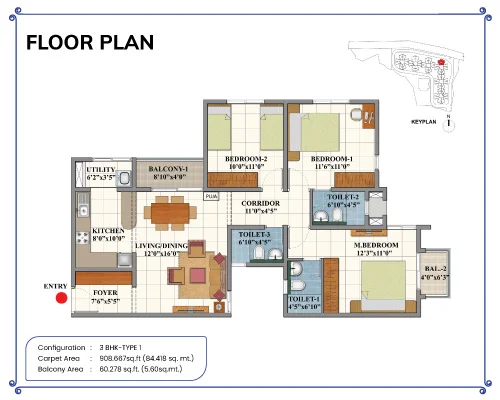 Shriram 122 West 3 BHK Type 1 unit plan floor layout