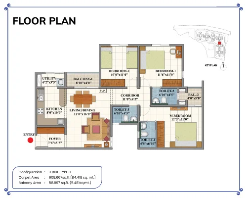 Shriram 122 West 3 BHK Type 3 unit plan floor layout