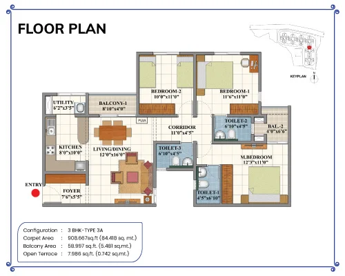 Shriram 122 West 3 BHK Type 3A unit plan floor layout