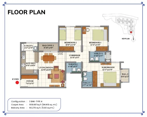 Shriram 122 West 3 BHK Type 4 unit plan floor layout