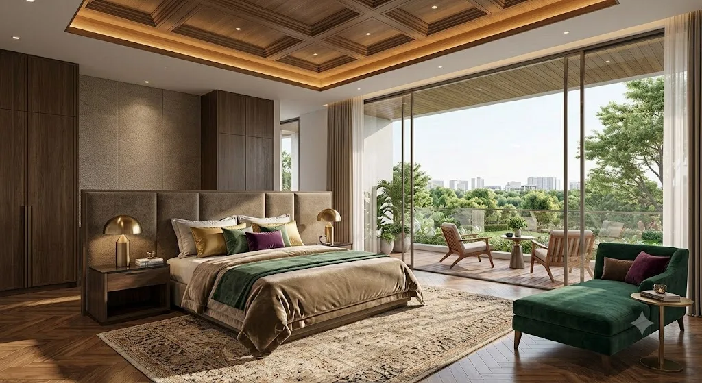 Shriram Bannerghatta villament master bedroom interior with balcony and city view