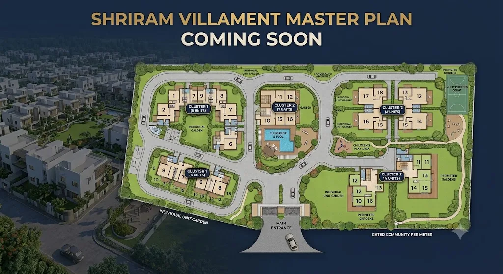 Shriram Bannerghatta Road master plan showing villament clusters, clubhouse, pool and gated community perimeter