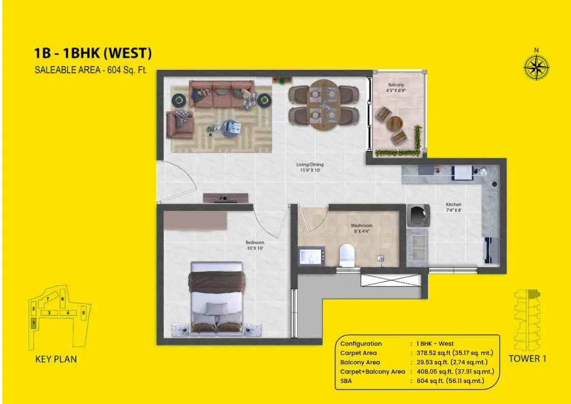 Shriram Codename Pudhiya Chennai 1 BHK West floor plan layout, 604 square feet