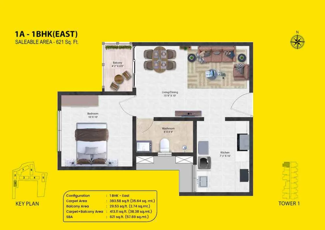 Shriram Codename Pudhiya Chennai 1 BHK East floor plan layout, 621 square feet