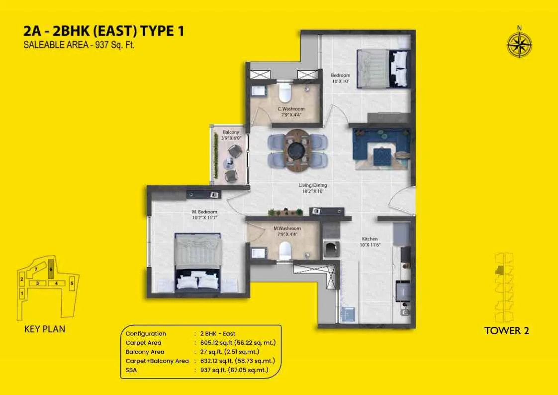 Shriram Codename Pudhiya Chennai 2 BHK East Type 1 floor plan layout, 937 square feet