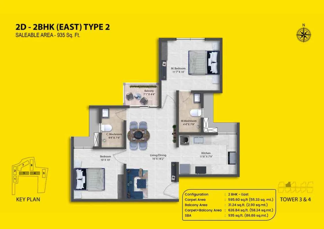 Shriram Codename Pudhiya Chennai 2 BHK East Type 2 floor plan layout, 935 square feet