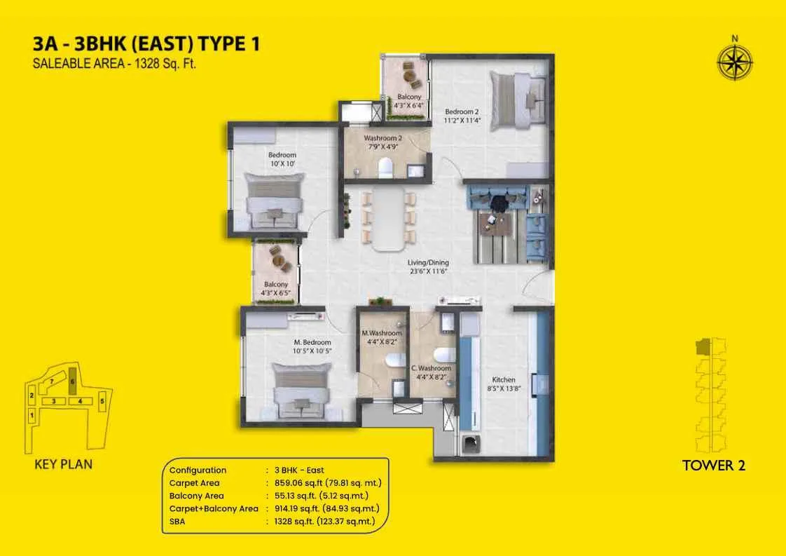 Shriram Codename Pudhiya Chennai 3 BHK East Type 1 floor plan layout, 1328 square feet