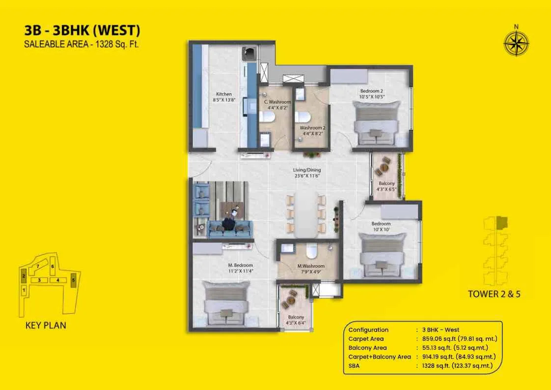 Shriram Codename Pudhiya Chennai 3 BHK West floor plan layout, 1328 square feet