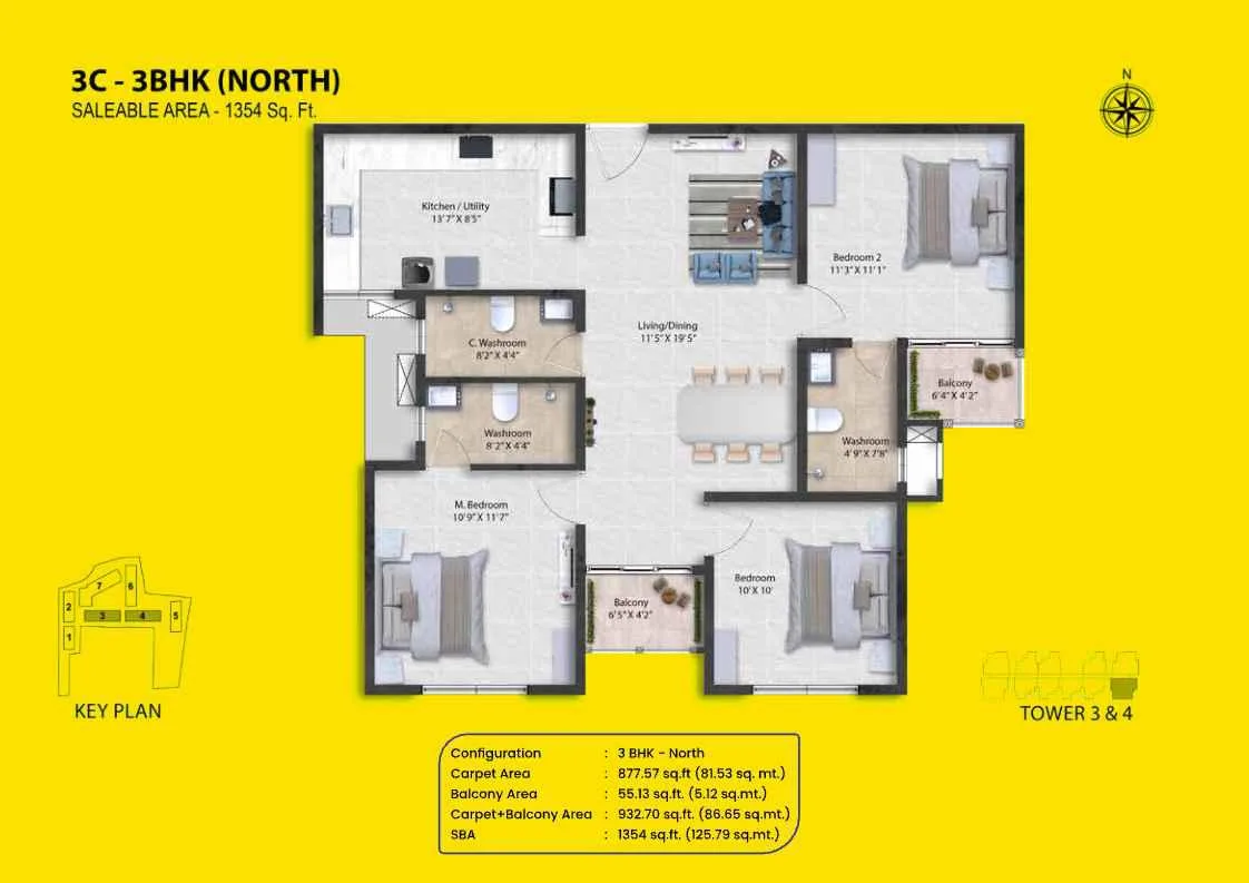 Shriram Codename Pudhiya Chennai 3 BHK North floor plan layout, 1354 square feet